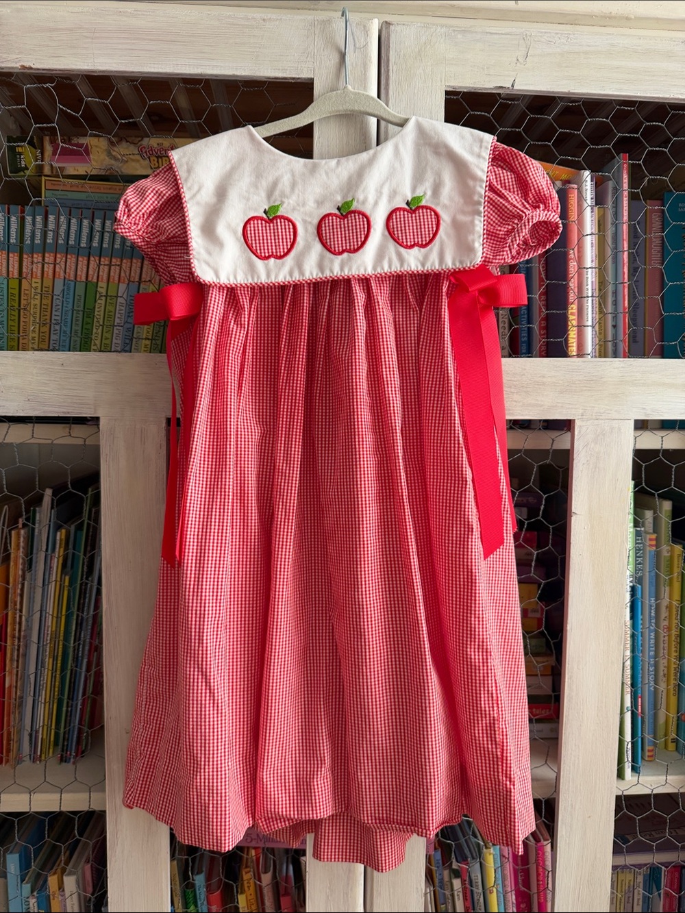 Girls Red Gingham Apple Appliqué Dress